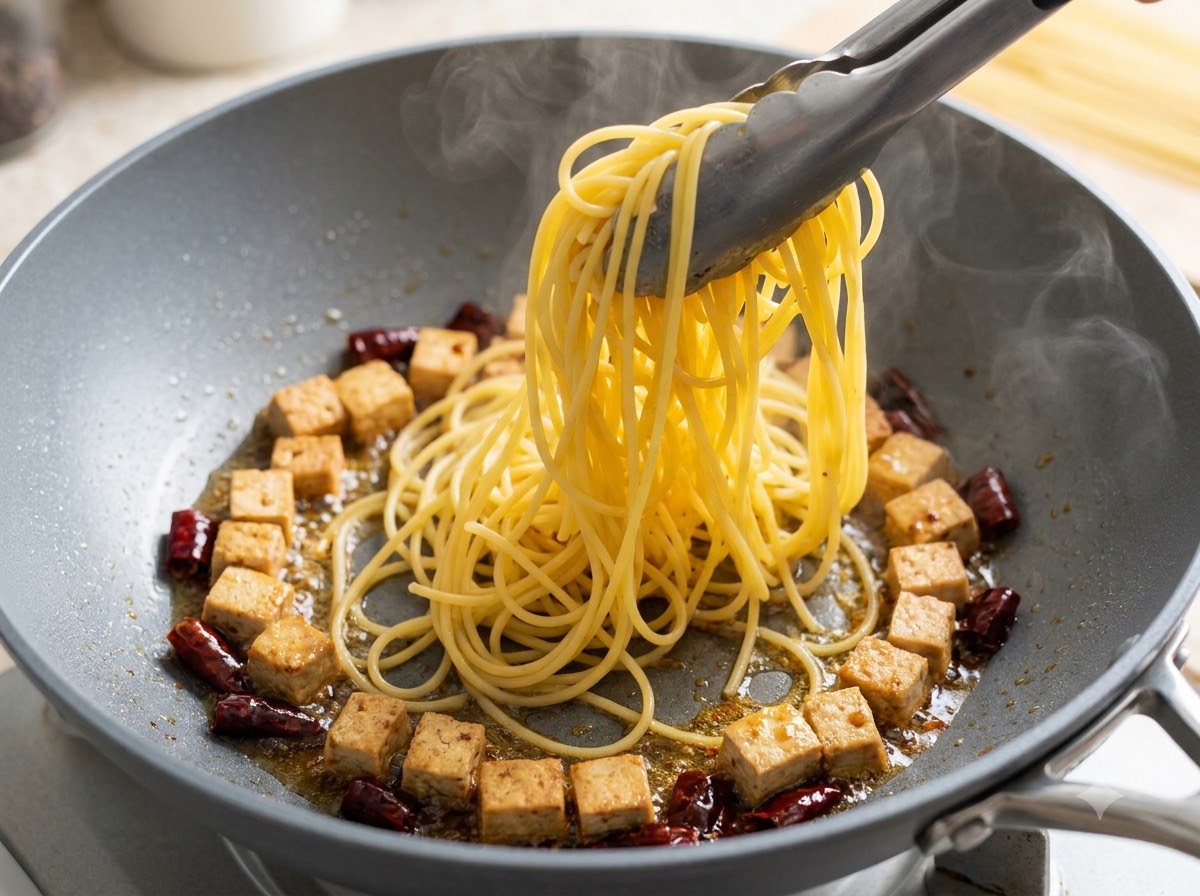 Spaghetti noodles being lifted with tongs into a frying pan with cubed pork.