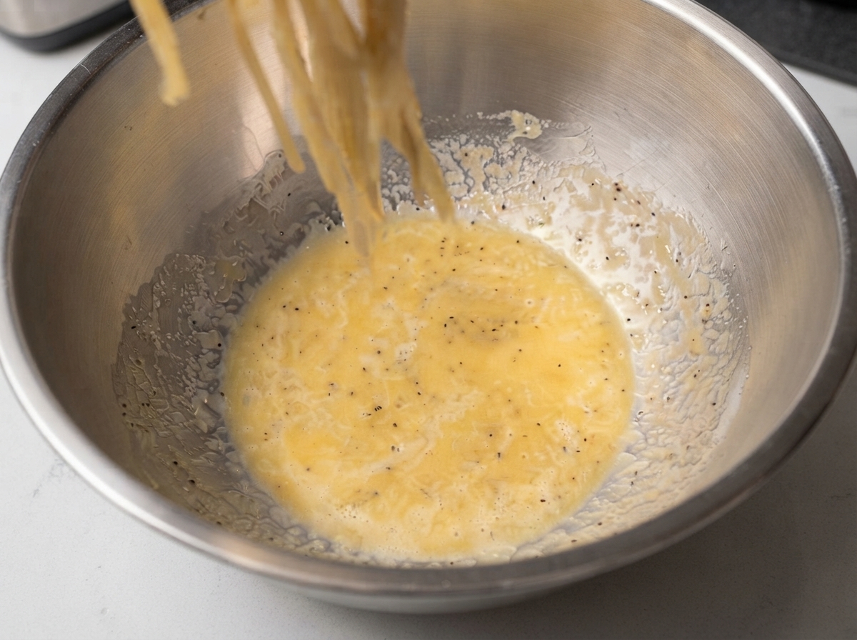 Hot spaghetti strands being lifted and poured from a skillet into the bowl with the prepared egg and cheese sauce.