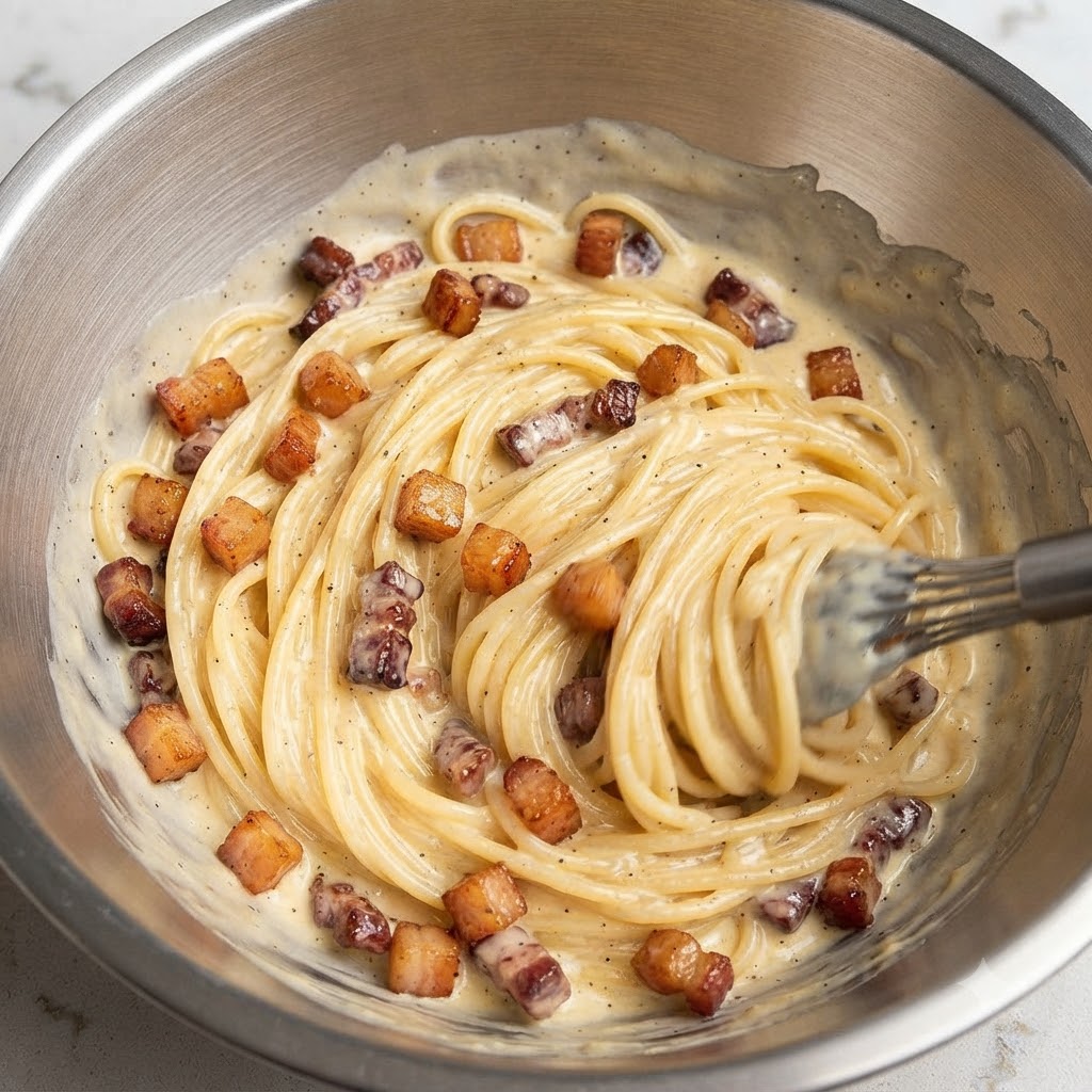 Spaghetti mixed with crispy bacon bits being vigorously stirred with a whisk inside a metal bowl to create a creamy sauce.