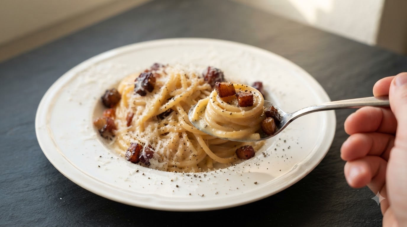 A plate of creamy carbonara spaghetti topped with crispy bacon cubes, grated parmesan cheese, and freshly cracked black pepper.
