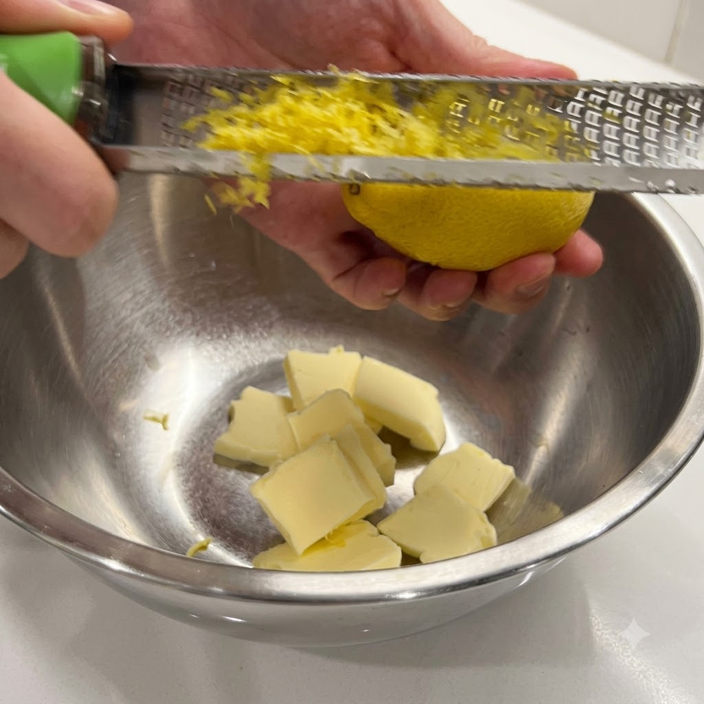 A hand using a fine grater to zest a fresh lemon over a metal bowl filled with cubed butter.