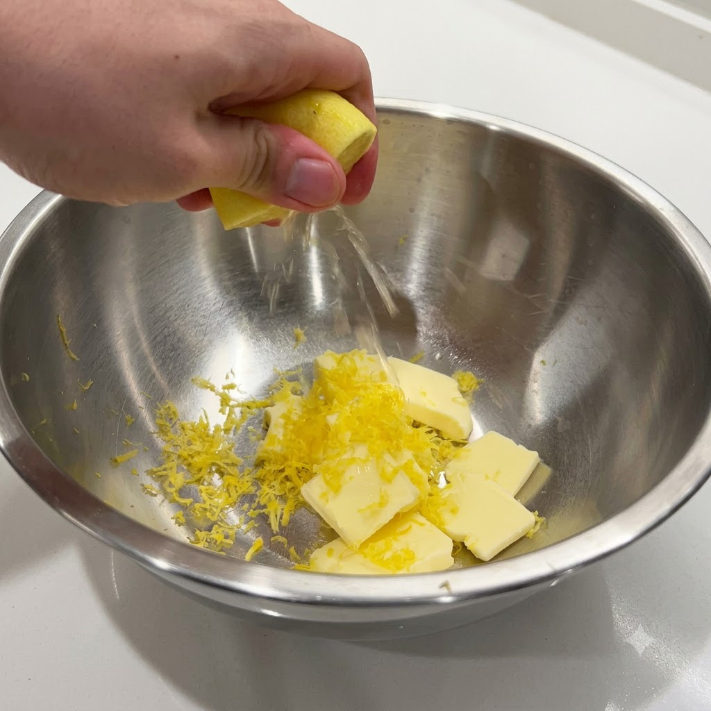 A hand squeezing a lemon half, releasing fresh juice into the metal bowl with butter and zest.