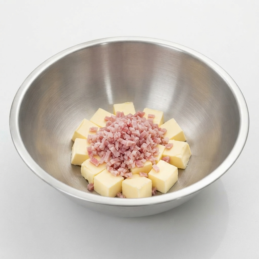 A pile of finely minced pink bacon sitting on top of cubed butter and lemon mixture inside a metal bowl.