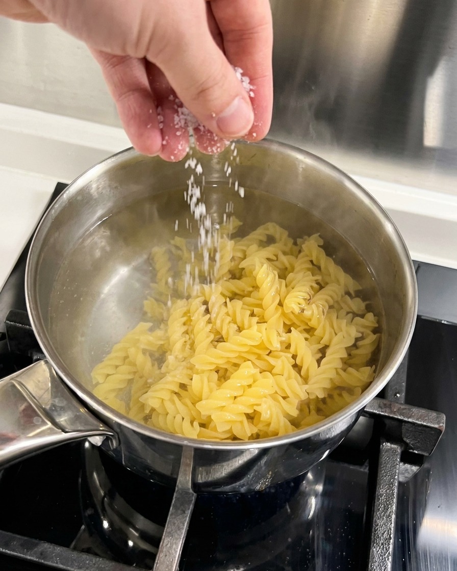 A hand scattering coarse salt into a pot of boiling water filled with cooking spiral pasta.