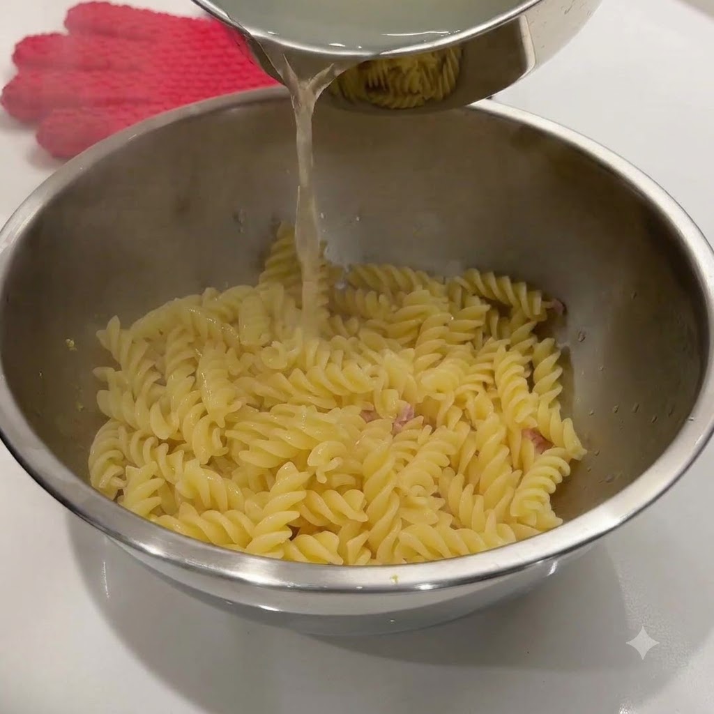 Pouring hot pasta cooking water from a saucepan into a metal bowl containing cooked spiral pasta.