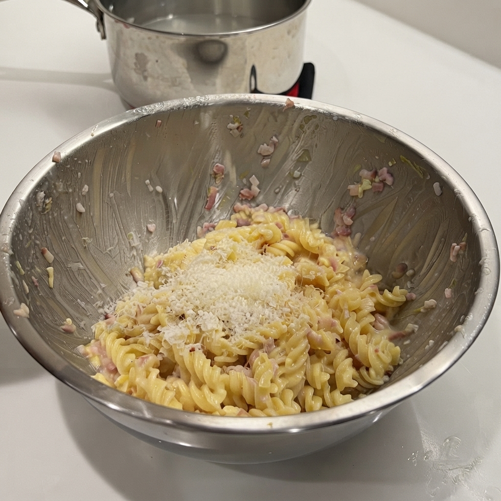 Freshly grated Parmesan cheese piled on top of the spiral pasta in a metal bowl.