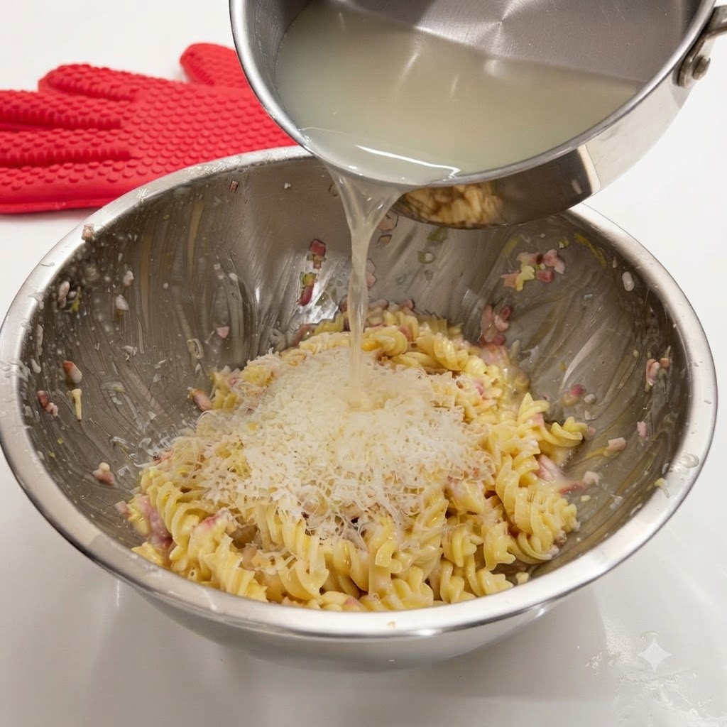 Pouring hot pasta water from a saucepan over freshly grated Parmesan cheese on top of spiral pasta.