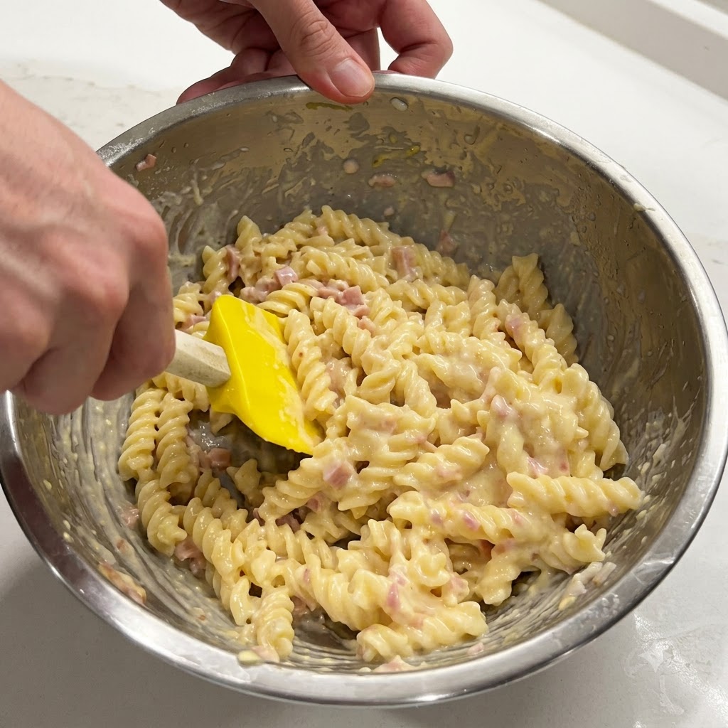 Mixing spiral pasta in a metal bowl with a yellow spatula to create a creamy lemon butter sauce.