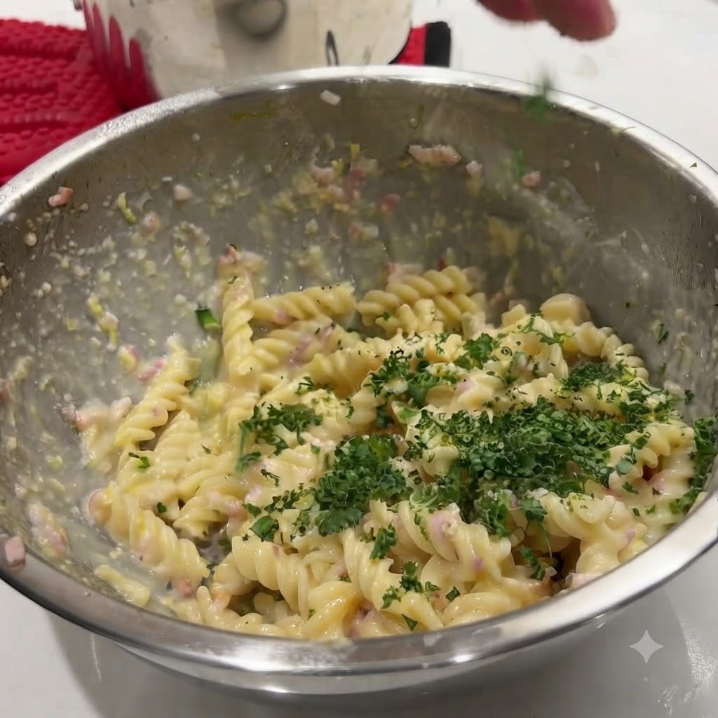 Chopped green parsley being sprinkled over a bowl of creamy spiral pasta.