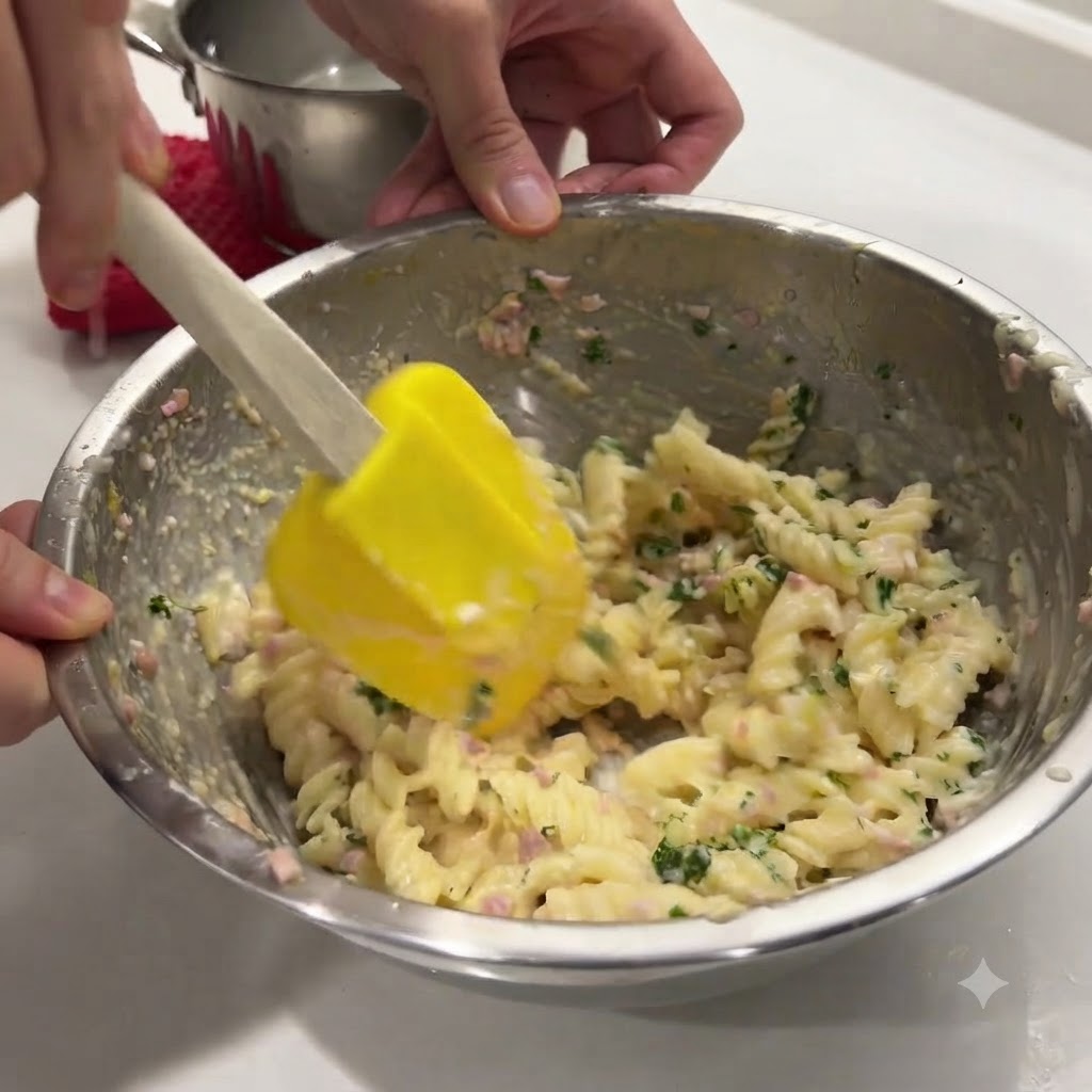 A yellow spatula stirring and mixing chopped parsley into the creamy spiral pasta.