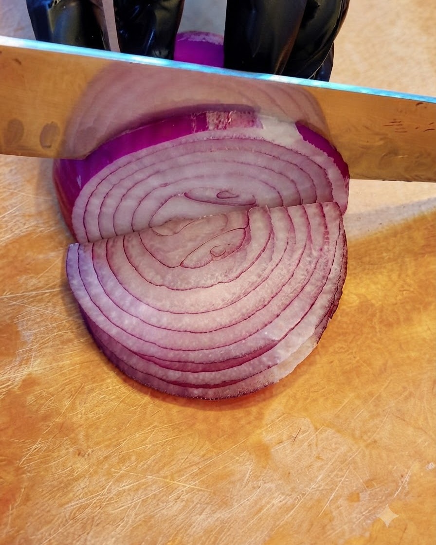 A knife slicing through a halved raw red onion on a wooden cutting board.