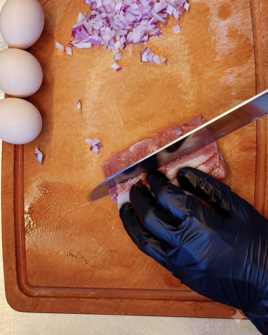 A gloved hand using a knife to slice raw bacon strips on a wooden cutting board next to chopped onions and eggs.