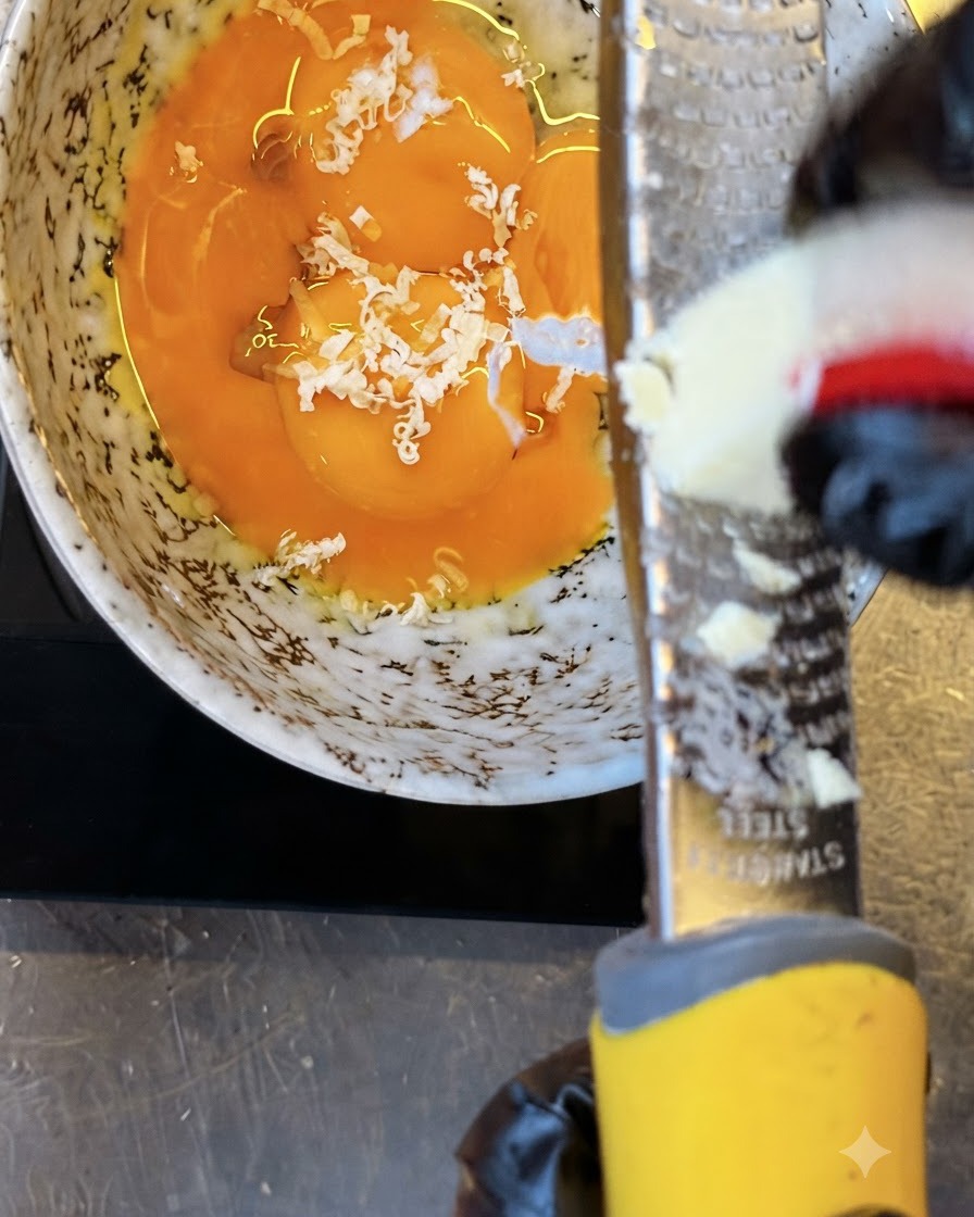 A block of dry cheese being grated over bright orange egg yolks in a speckled bowl.