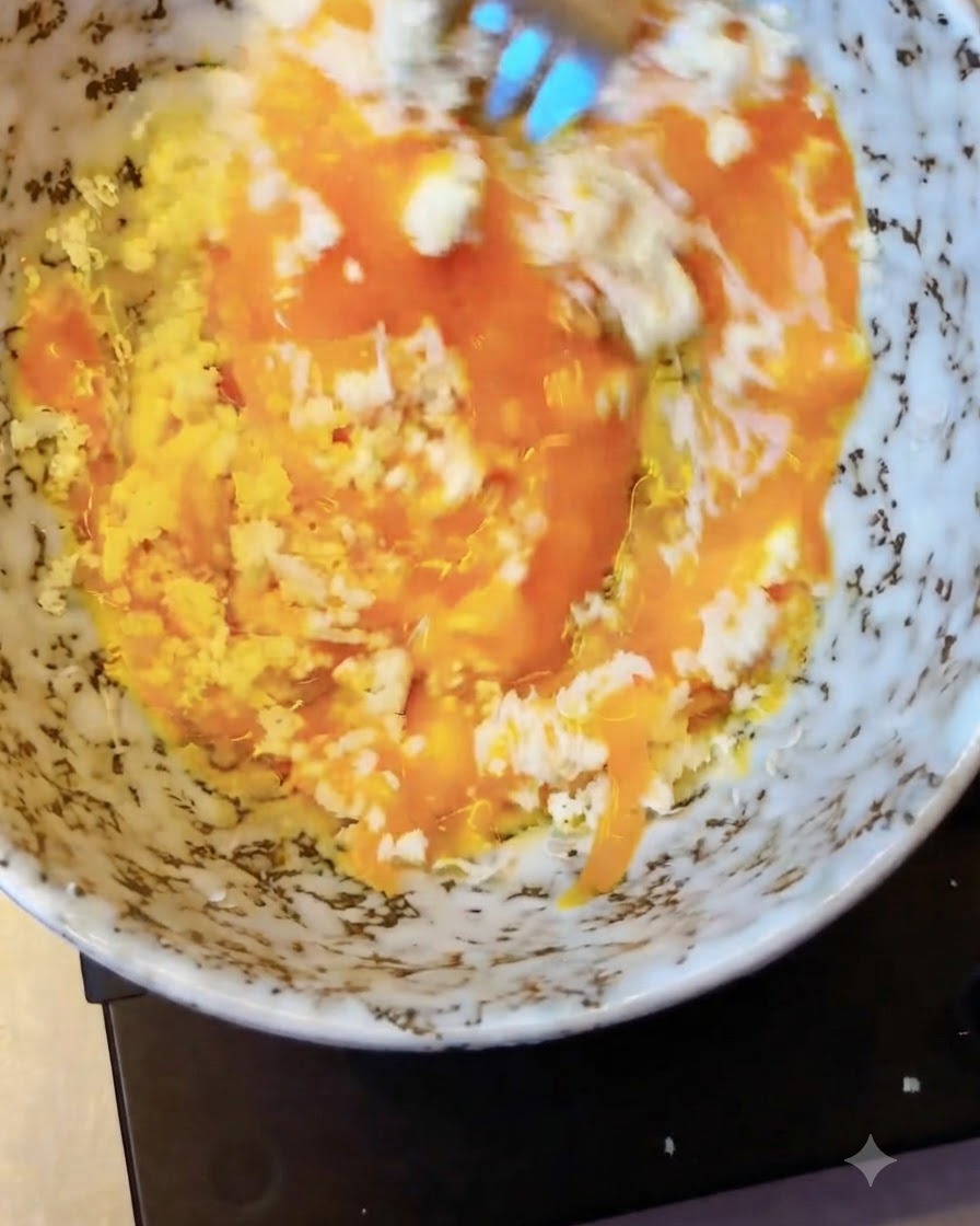 A fork stirring grated cheese and egg yolks into a thick, golden paste.