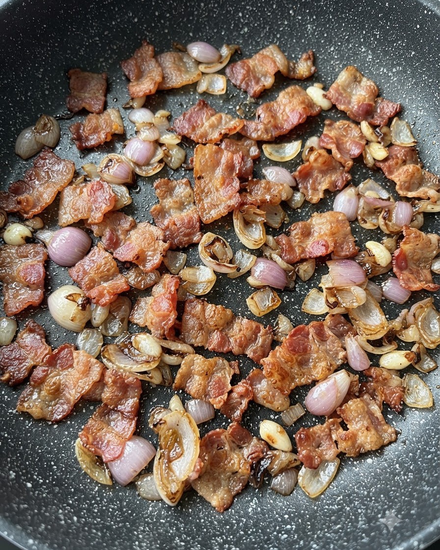Bacon pieces and red onion chunks being stir-fried together in a dark speckled pan.