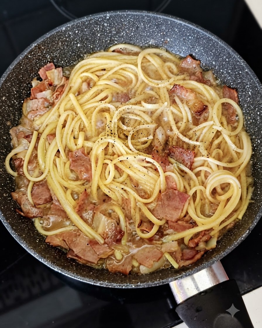Black pepper being freshly ground over spaghetti, bacon, and onions simmering in a pan.