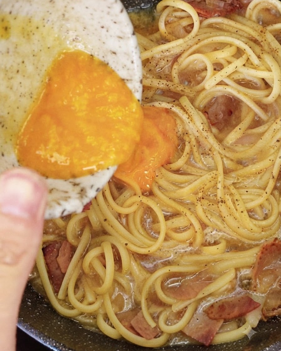 A bowl containing a yellow cheese and egg yolk mixture being poured over warm spaghetti and bacon in a pan.