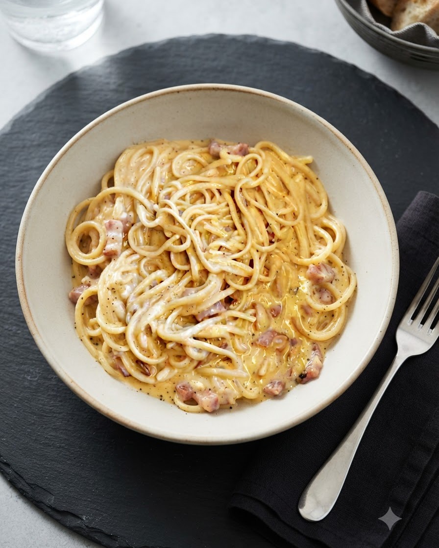 Creamy carbonara pasta in a wide ceramic bowl placed on a dark slate board with a fork on a napkin.