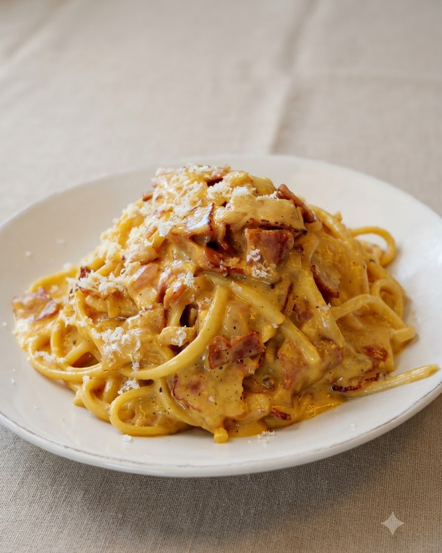 Fresh dry cheese being grated over a mound of creamy carbonara pasta on a white plate.