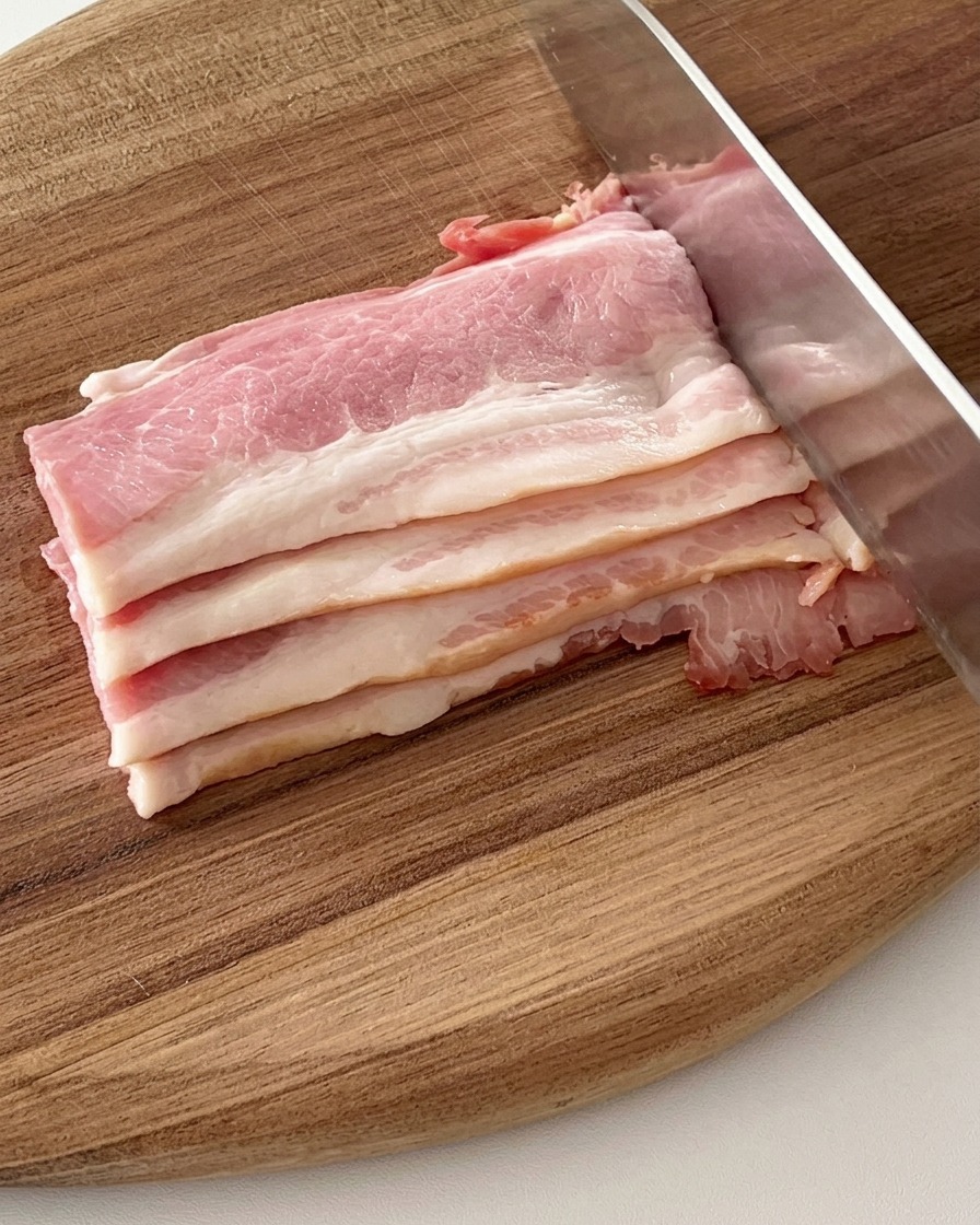 Bacon strips being sliced into smaller portions on a wooden cutting board with a knife.
