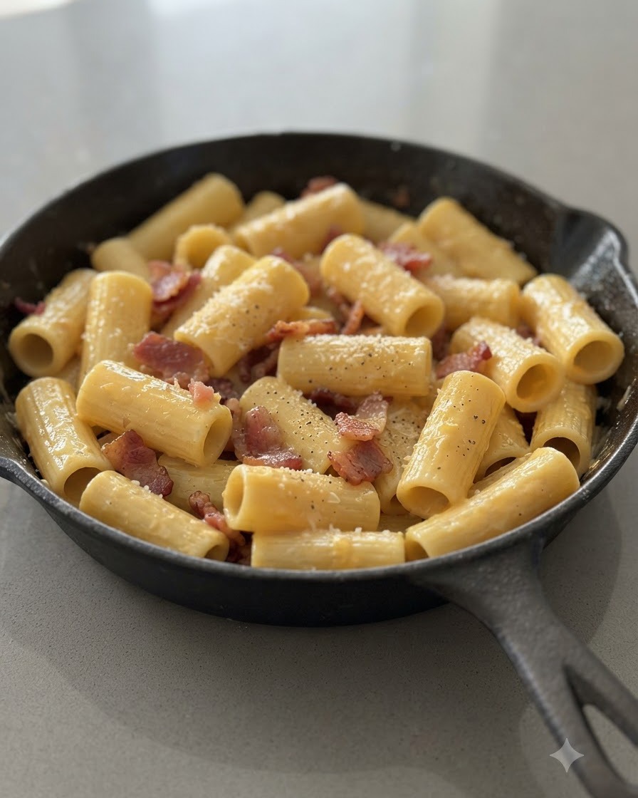 Creamy egg and cheese sauce being mixed with rigatoni and bacon in a cast iron skillet.