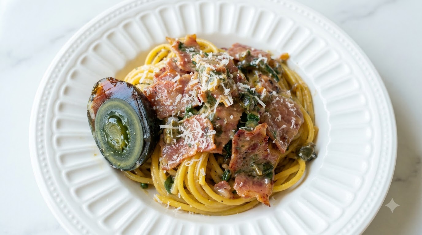 Preserved Egg and Bacon Pasta (Carbonara Fusion)
