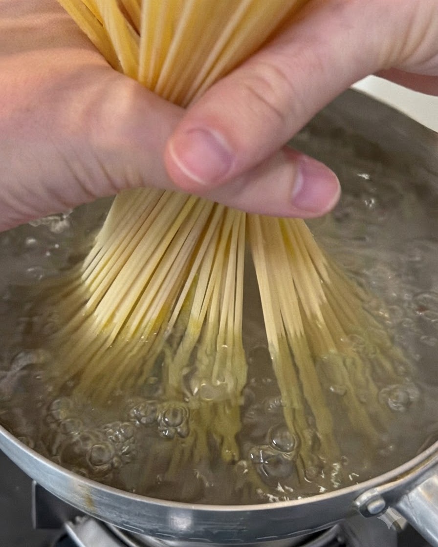 Dry spaghetti pasta being held and placed into a bubbling pot of boiling water.