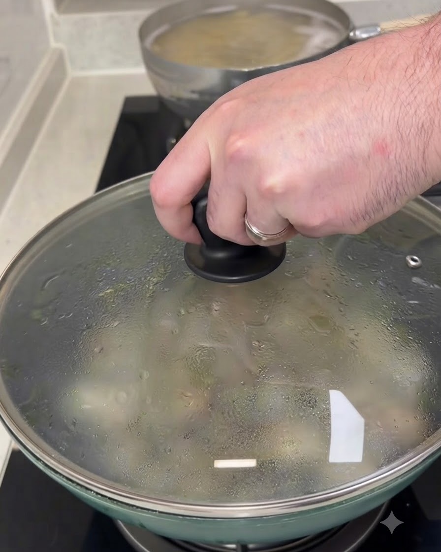 A person holding the lid of a covered pan while cooking clams on the stove.