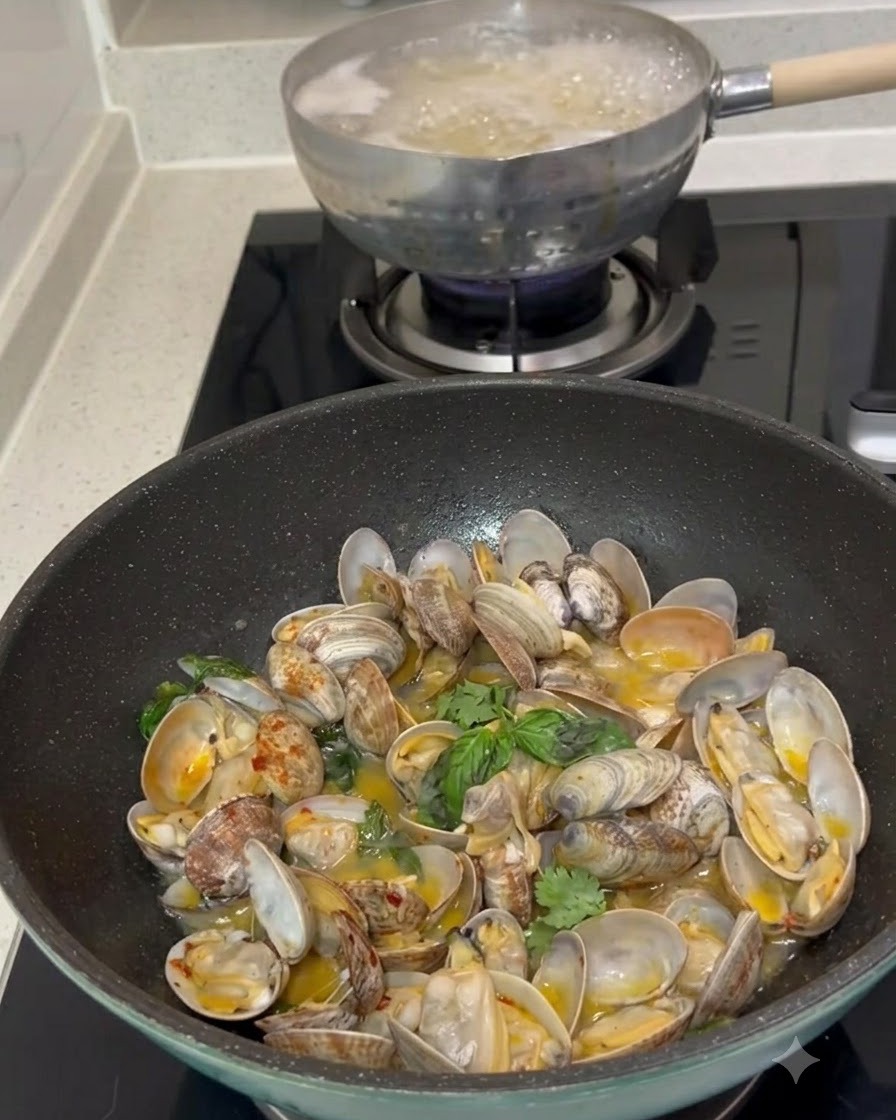 A pot of boiling water sitting on the stove behind a pan filled with cooked clams in sauce.