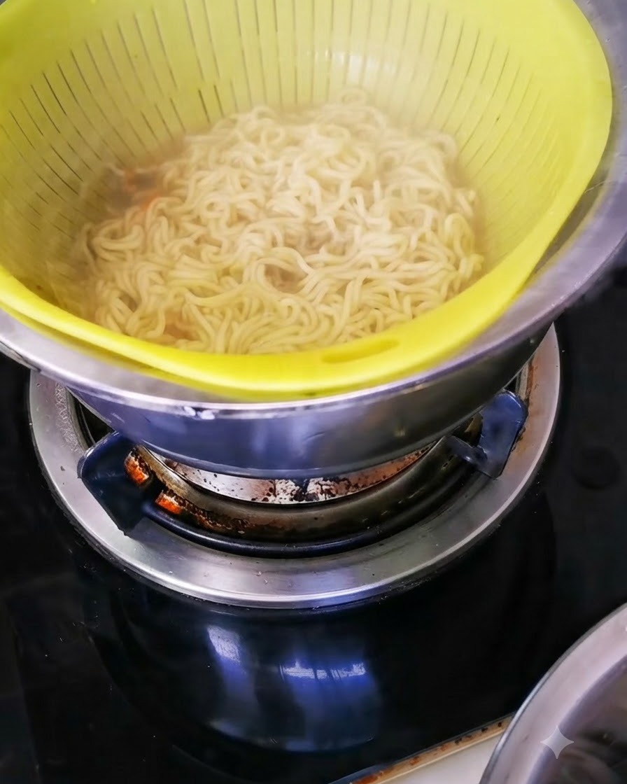 Cooked spaghetti resting inside a yellow colander placed over a metal bowl.