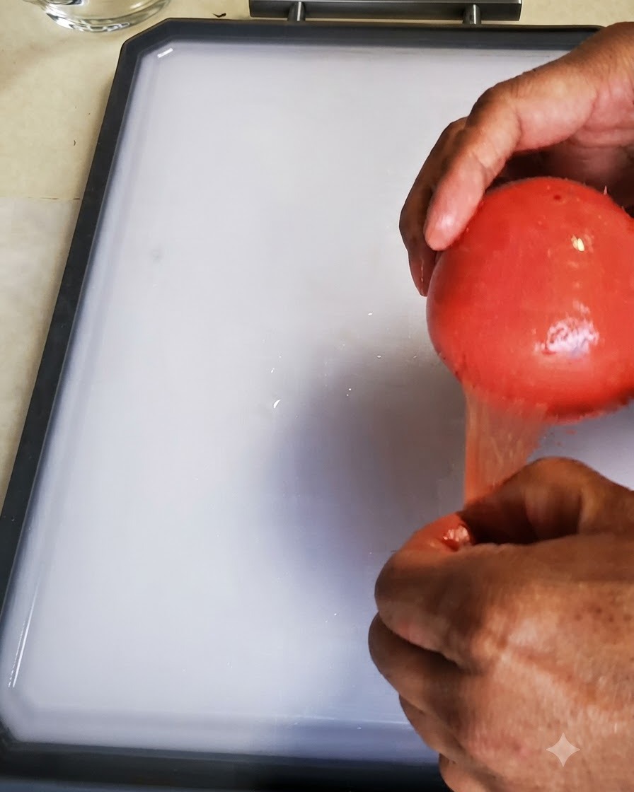 Hands peeling the outer skin off a blanched red tomato over a white cutting board.