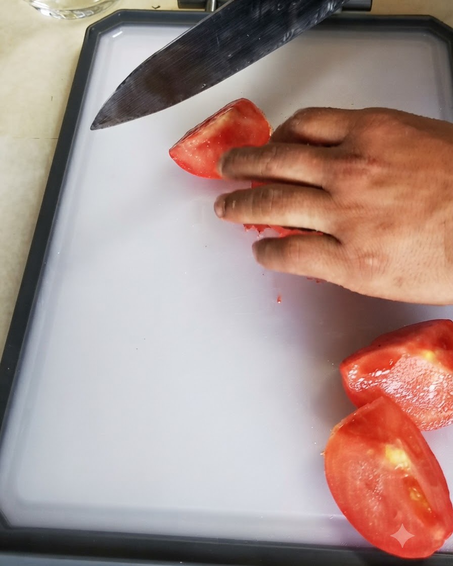 A peeled tomato being sliced and chopped with a knife on a white cutting board.