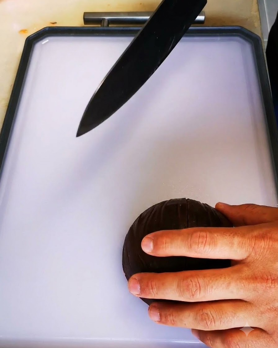 A sharp chef knife cutting a red onion on a white cutting board.