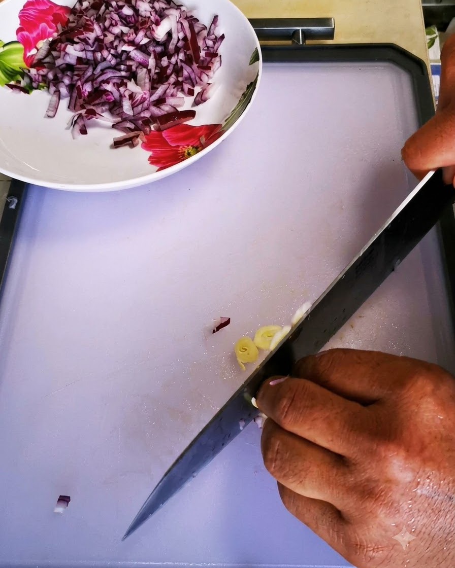 Garlic cloves being finely minced with a chefs knife on a clean white cutting board.