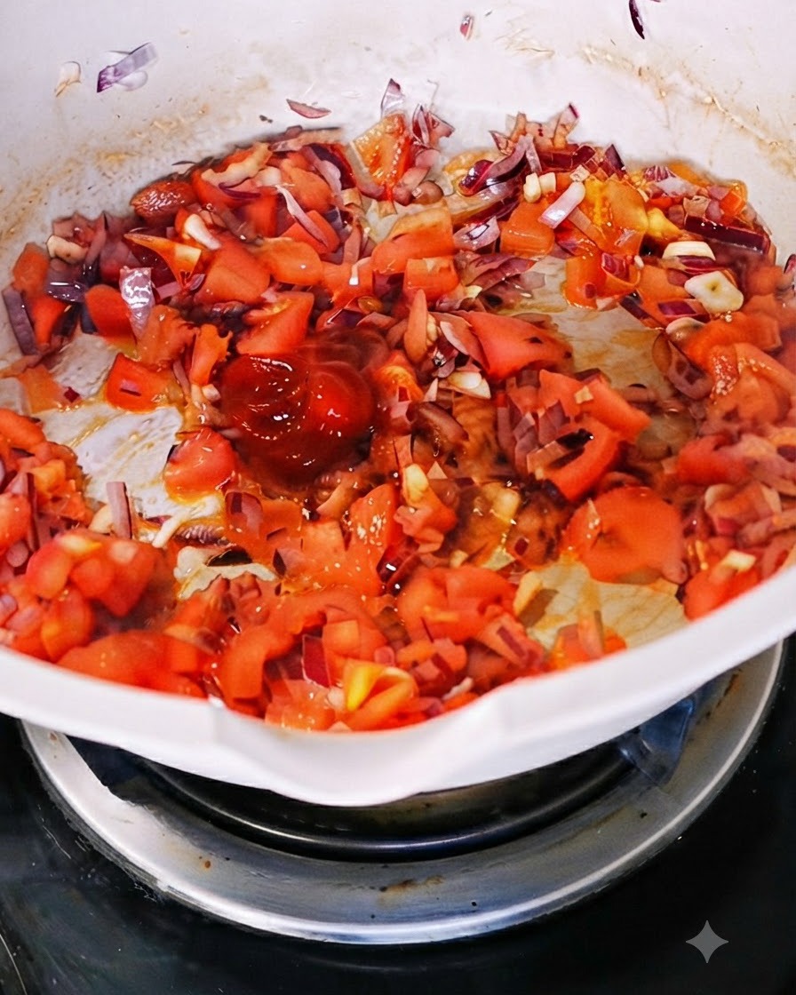 A dollop of rich tomato paste being added to the tomato and onion mixture in a white cooking pan.