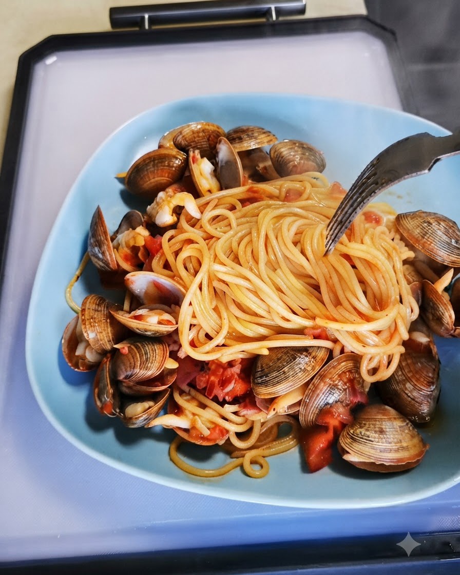 A cooking pan covered with a lid while steaming fresh clams and tomatoes on the stove.