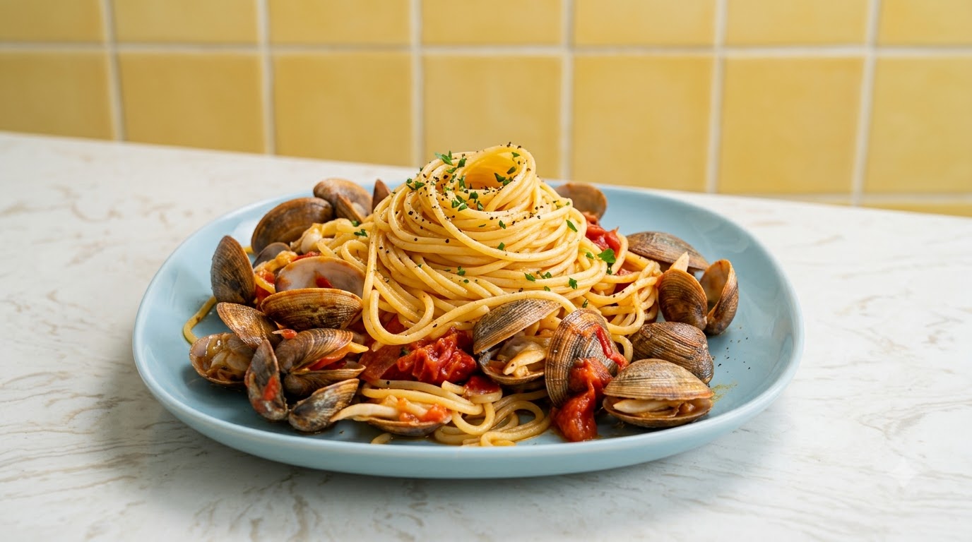 A light blue plate of Italian seafood pasta featuring spaghetti tossed with diced tomatoes, onions, garlic, and open clams, garnished with herbs.