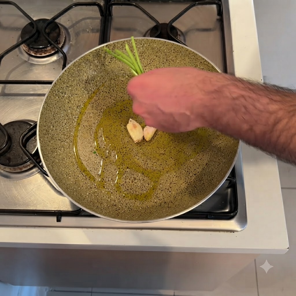 A hand placing green celery roots and smashed garlic cloves into a pan of heated olive oil.