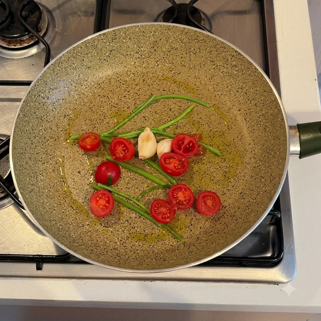 Halved cherry tomatoes, garlic cloves, and celery roots being sautéed in an olive oil-coated frying pan.