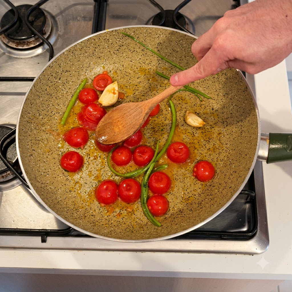 A hand using a wooden spoon to press down on bright red cherry tomatoes cooking in a pan alongside garlic and celery roots.