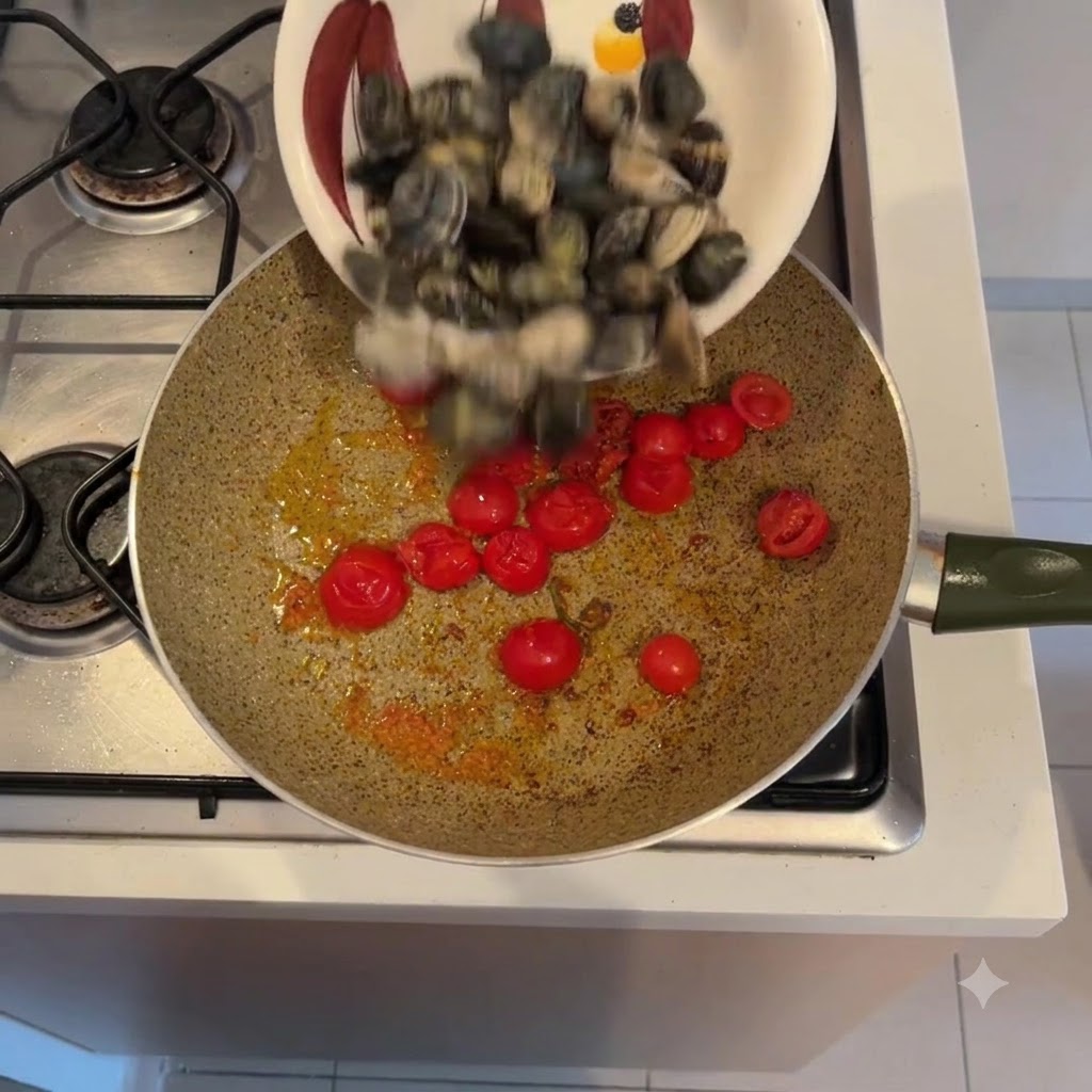 Fresh whole clams being poured from a decorative bowl into a hot pan containing cooking cherry tomatoes and oil.