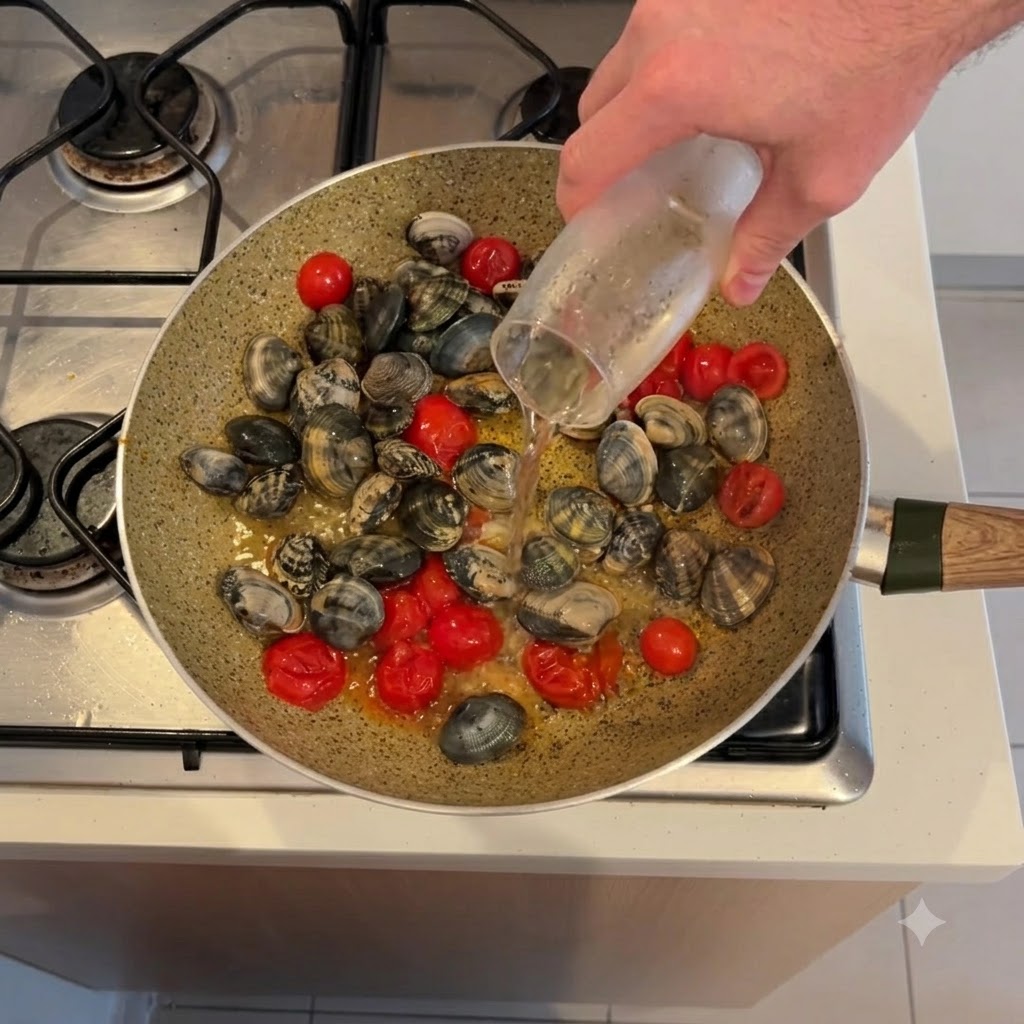 A hand pouring white wine from a small glass over steaming clams and cherry tomatoes in a cooking pan.