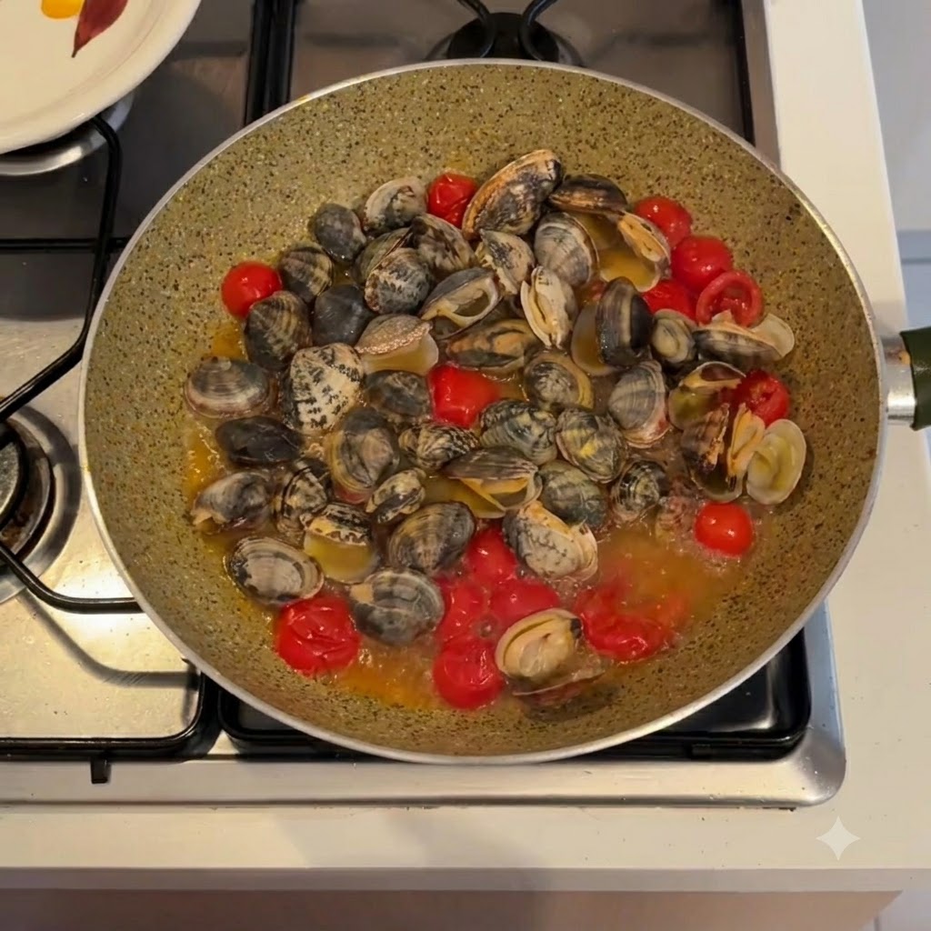 Clams being picked out of a pan filled with cooking liquid and tomatoes using chopsticks.