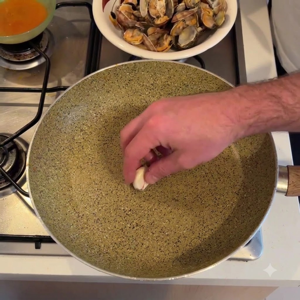 Water being poured from a small pot into a pan filled with clam shells and a bowl of clams in the background.