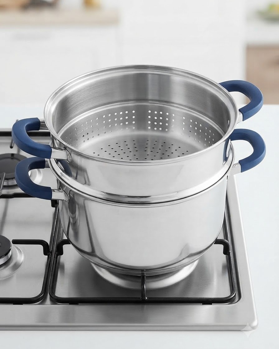 A double-tiered stainless steel cooking pot placed on a stovetop burner.