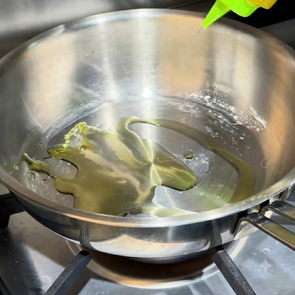 Olive oil pooling in a heated metal pan with garlic and chili peppers.