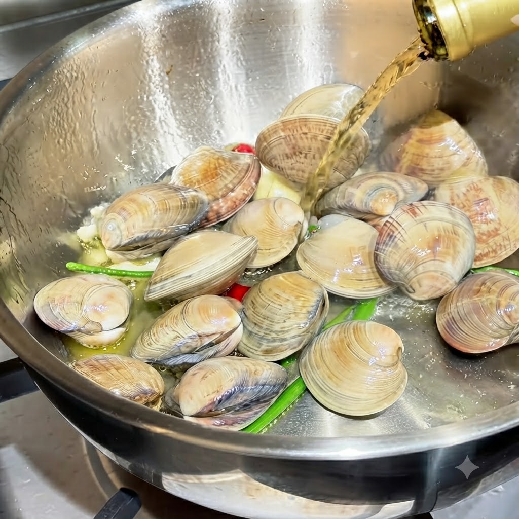 White wine being poured from a bottle onto the clams in a hot pan.