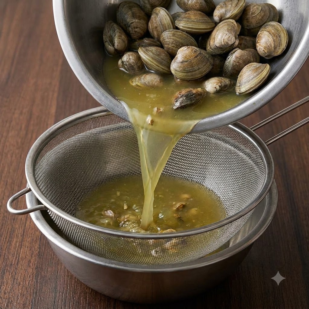 Clams and broth being poured through a metal sieve into a bowl.