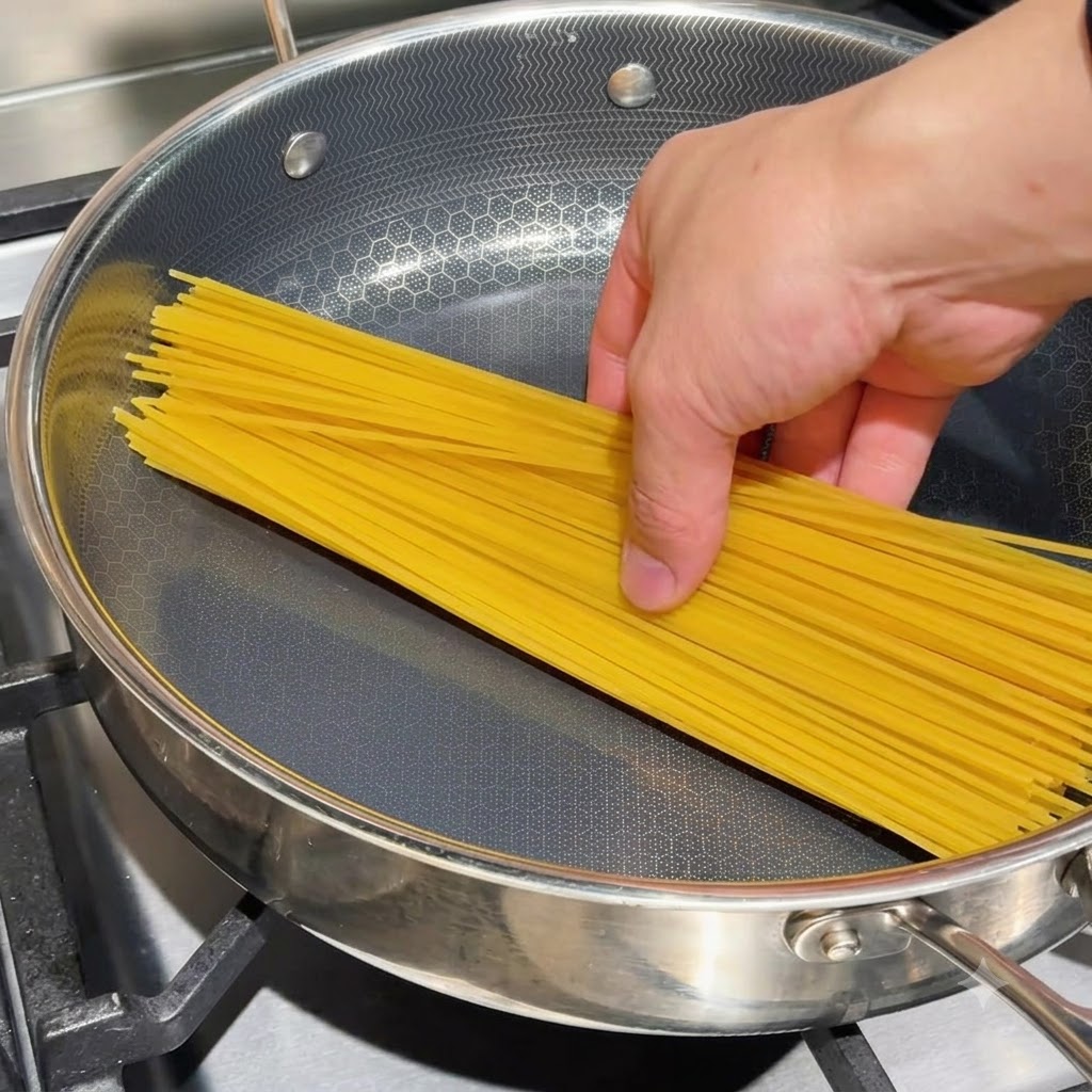 Dry spaghetti noodles lying flat in a pan with concentrated clam broth poured over them.