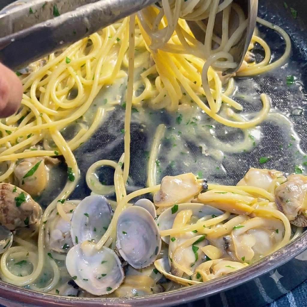 Broth being ladled into a pan of simmering spaghetti with clams and parsley.